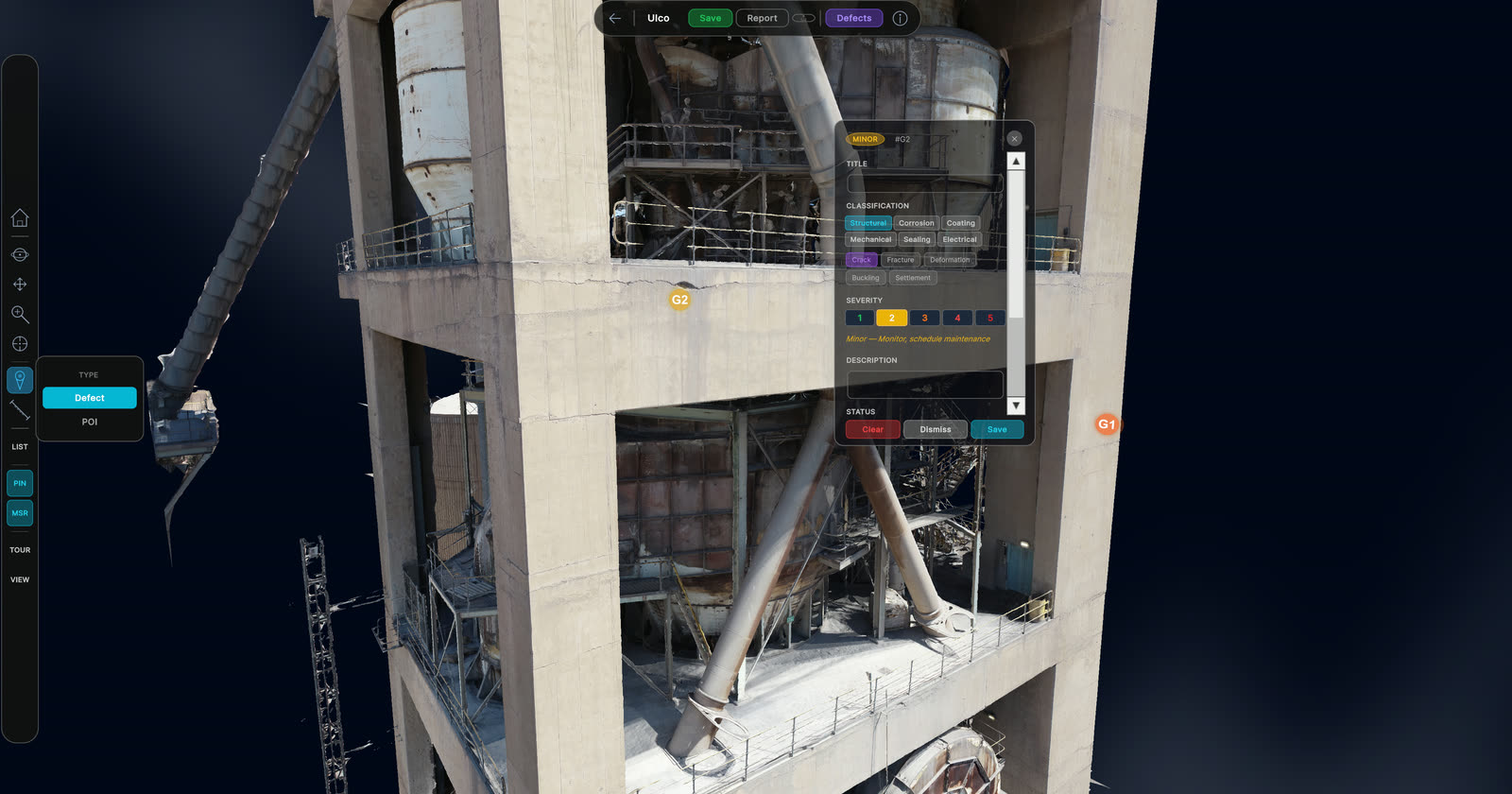 Navigable digital twin for remote inspection and defect tagging.